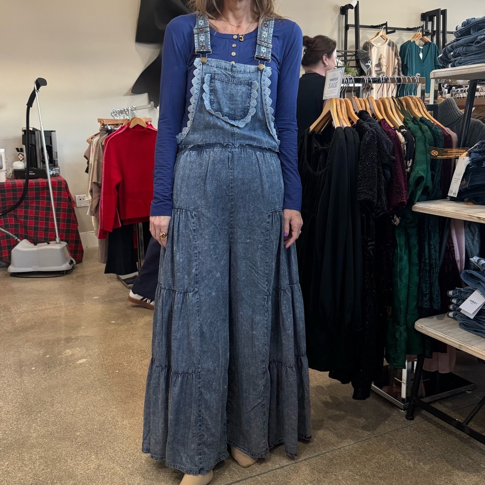 Lace Trim Tiered Wide Leg Denim Overalls Jumpsuit - eesome